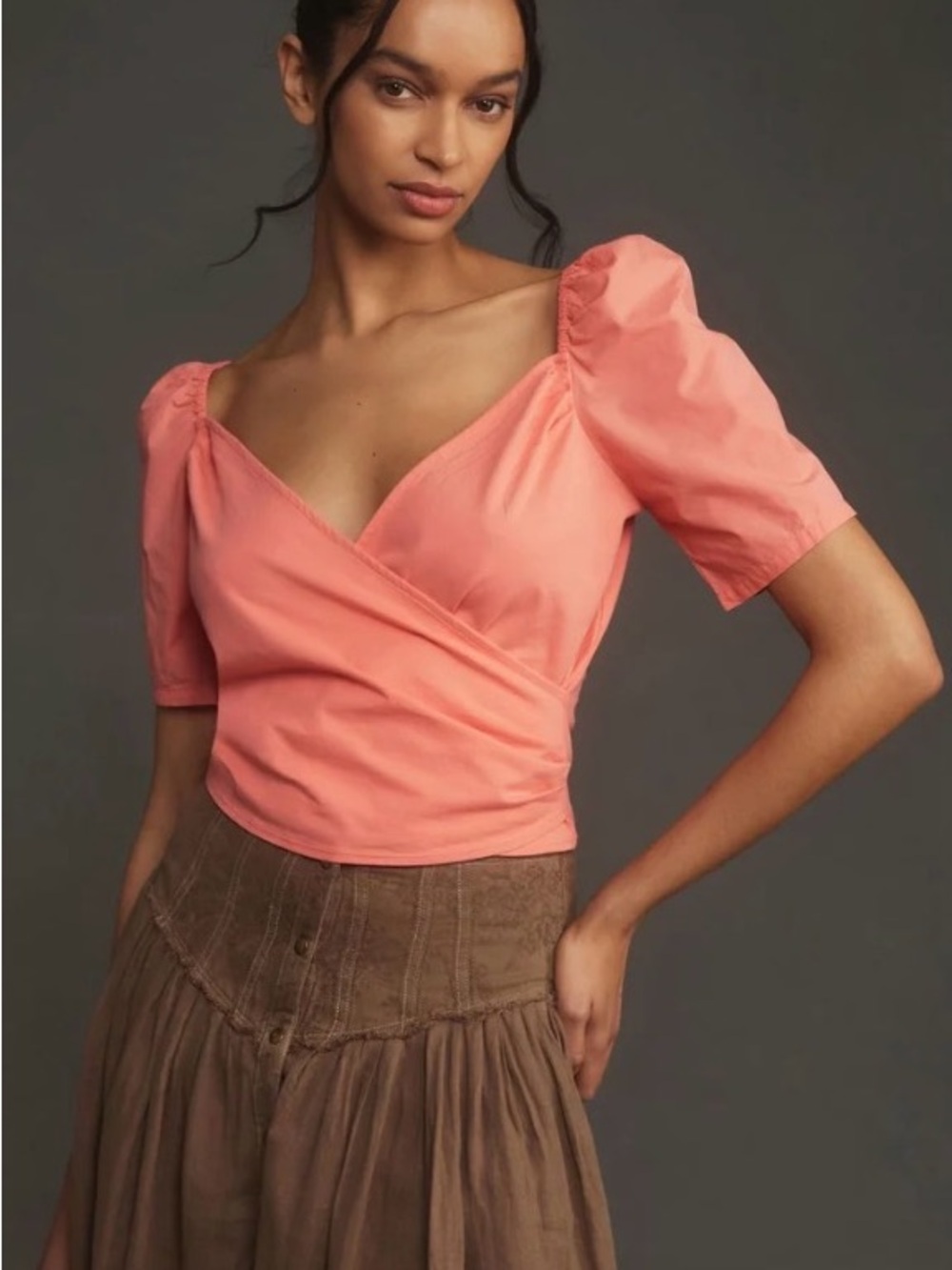 Anthropologie Coral Puff Sleeve Wrap Cropped Top M